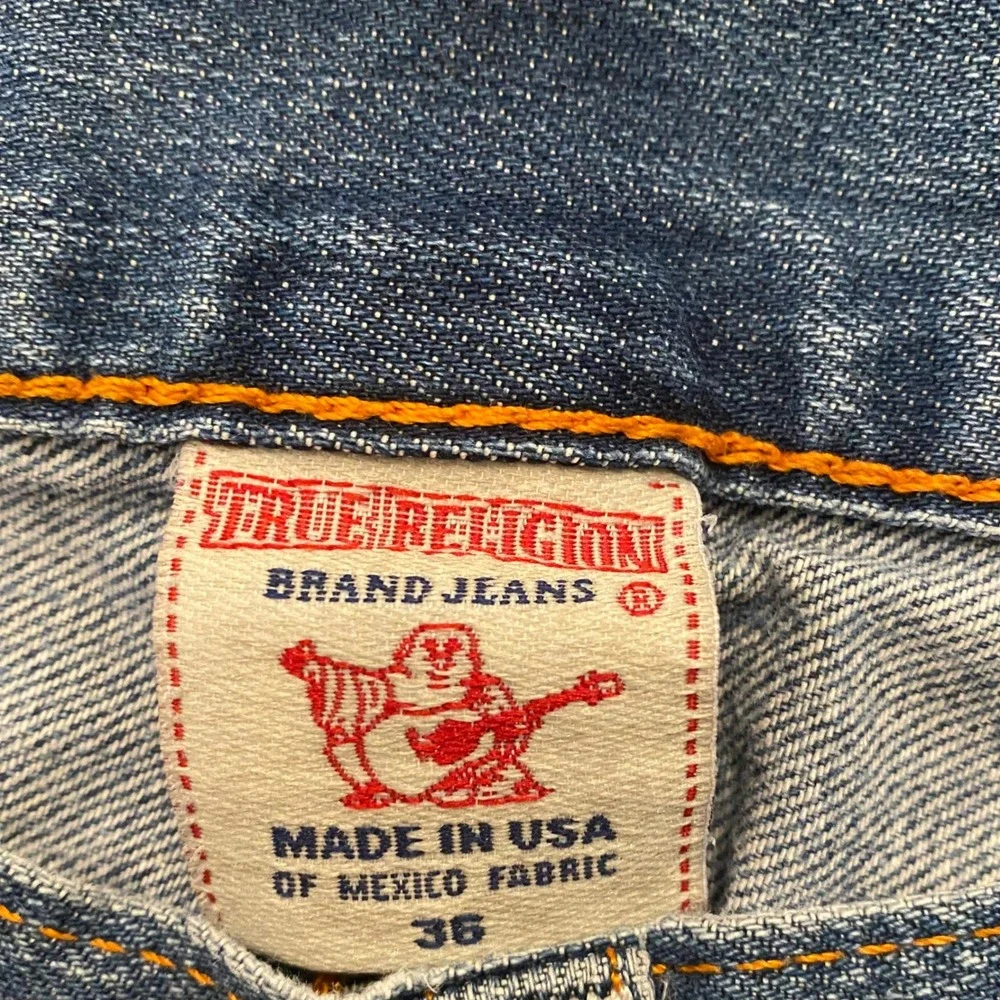 True Religion Straight Leg Jeans Mens 36 Blue Orange Stitching Made in USA